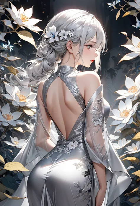 Charming beautiful long silver white hair looks back in open back silver silk dress with half back(close up) Look at the back in silver silk ( long silver silk ， Color Bright ， embroidered silver flowers  )CHARMING BEAUTIFUL BEAUTY CLEAR DETAILED SUPER HIG...