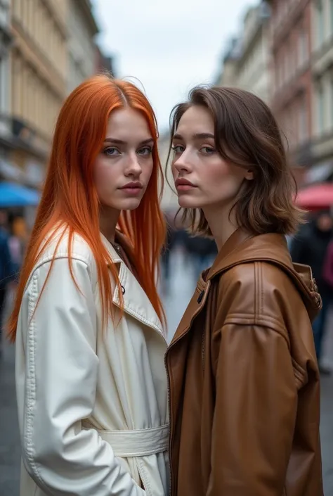 High resolution and quality ..  two beautiful teenage girls . . The first girl is a white Russian girl with long wet red hair wearing a white jacket.  and the second girl has short wavy brown hair wearing a brown jacket . Standing in the street .  each one...