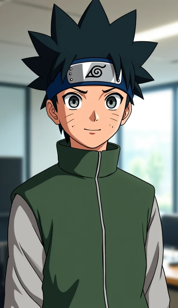  An adult boy of 20 years, dark hair spiky , jonine ,  green vest,  grey eyes , clean face , konohas headband , risivka how in naruto, anime style like naruto ,  looks at the camera with a serious look,  full length , In the office,