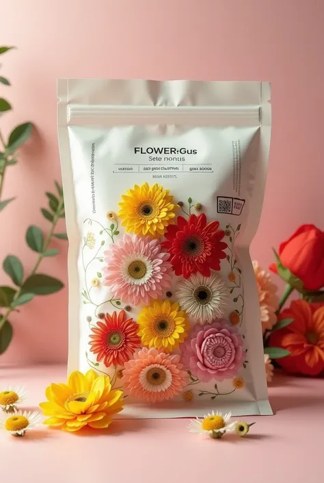 create an image of flower seeds in a package, like a picture for a store. hyper realistic photo