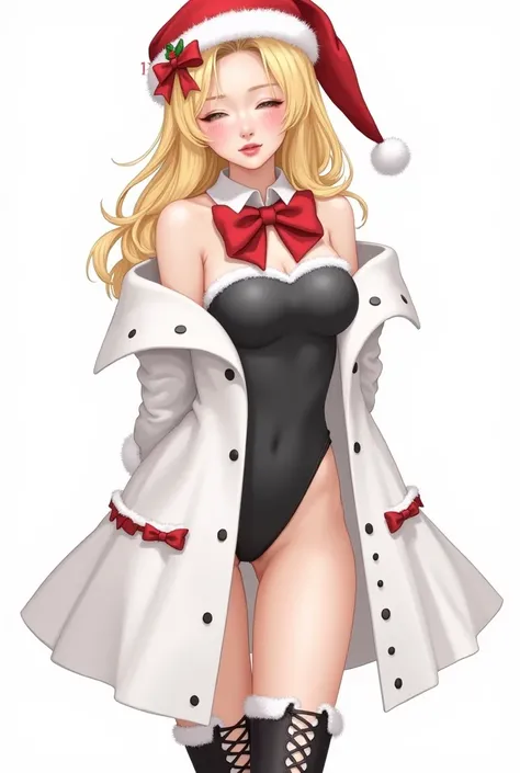 ( Benedict Bana style:1.0)),( Koyama Atsushi style :0.4),( in websake style :1.41),( Camille Walala style :0.4)
,1 Girl,Arms behind back,(((Wearing white Long coat, coat))),blond, blush,bow,Big , Christmas, hat ribbon  ,Thug Hat, red ribbon ,ribbon,(black|...