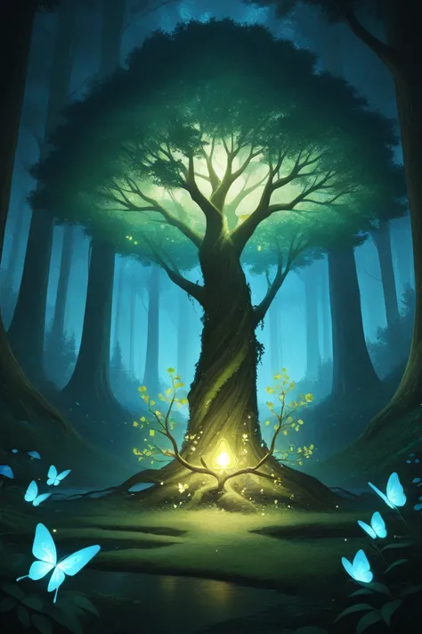 
Prompt:
"A realistic fantasy forest scene featuring a glowing magical tree at its center. The tree radiates vibrant, multicolored light from its branches and roots, which spread outward with intricate glowing patterns. The forest is dense with lush greene...