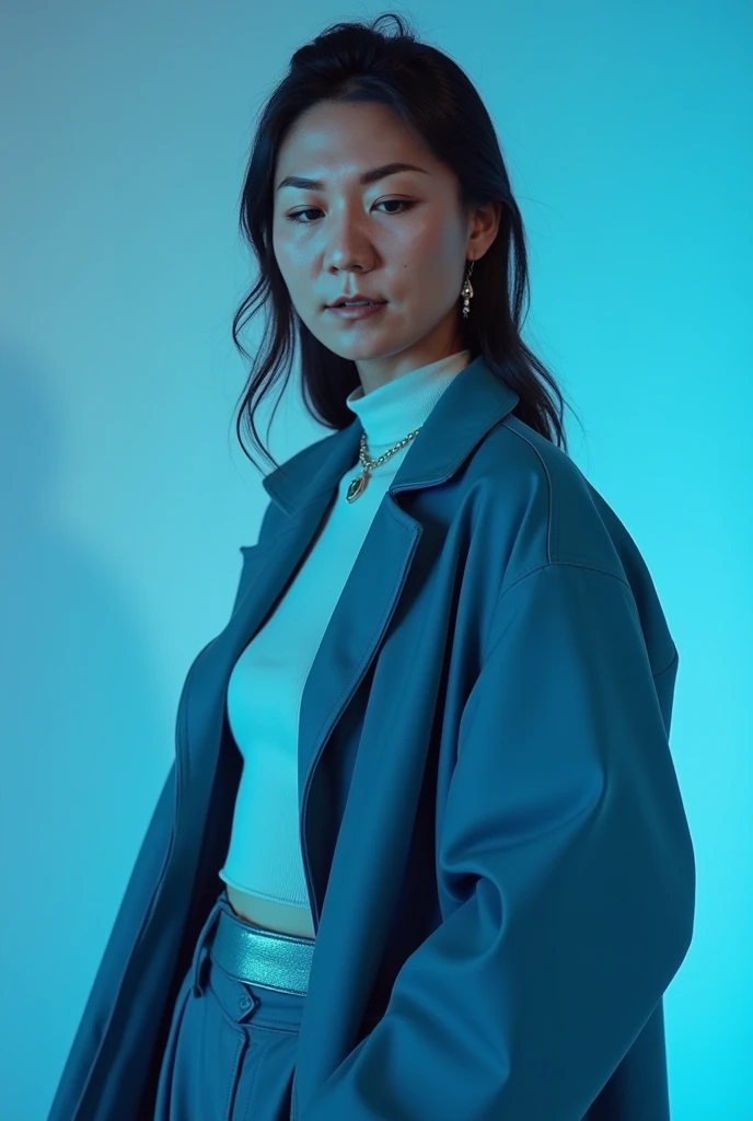 A half-body fashion portrait of a pretty female model wearing a modern outfit with a blue tonal palette, alluring, standing in a professional studio. The outfit features sleek lines and contemporary design, complemented by accessories that match the blue t...