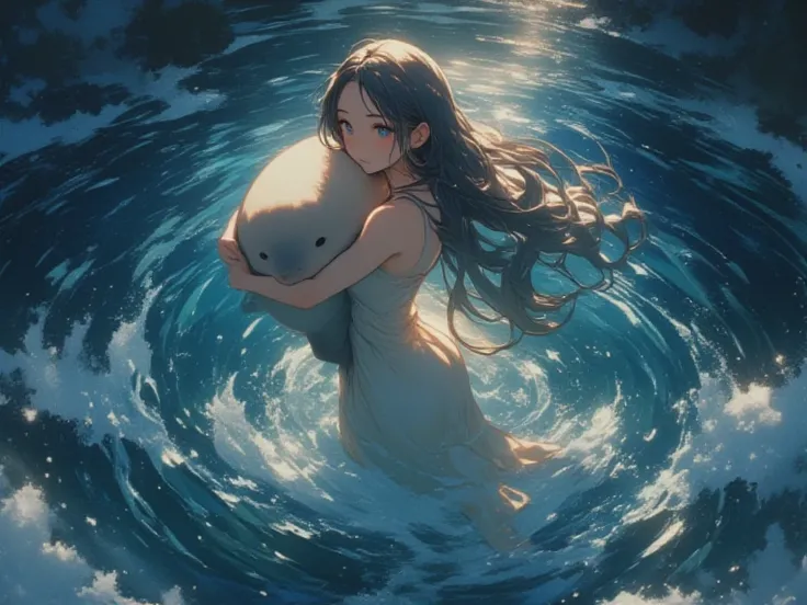 "A woman emerging from water, with a seal climbing up beside her to embrace her, symbolizing harmony and connection. The woman has long, flowing hair, wearing a simple, elegant dress that drapes gently around her body, creating a sense of ethereal beauty. ...