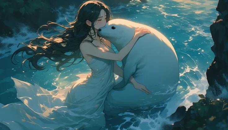 "A woman emerging from water, with a seal climbing up beside her to embrace her, symbolizing harmony and connection. The woman has long, flowing hair, wearing a simple, elegant dress that drapes gently around her body, creating a sense of ethereal beauty. ...