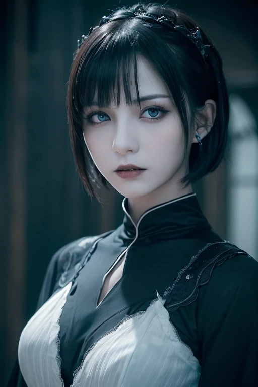 ( High Quality : 1.3),  Movie-like Shots , masterpiece, ( Sharp Focus: 1.5), ( Photorealistic: 1.3), Medium Portrait (Beautiful young vampire woman,  blue-white skin, gothic, Still proud、Brave, Straight black short bob , Dark appearance,  wearing a dark tu...