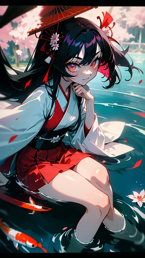 Visualise an anime-styled character: a young woman with crimson eyes and long waist-length raven black hair. There is a spider lily flower in her hair. She has a fringe going down the middle of her face with one strand trailing down her left cheek and fram...