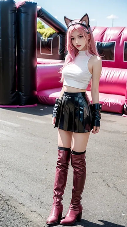 Teenager with pink hair, slim model, Leather BH, pink pleated Leather skirt, Leather arm warmers, knee-high Leather boots, cat ears, bouncy castle, realistic, standing, breasts not covered
