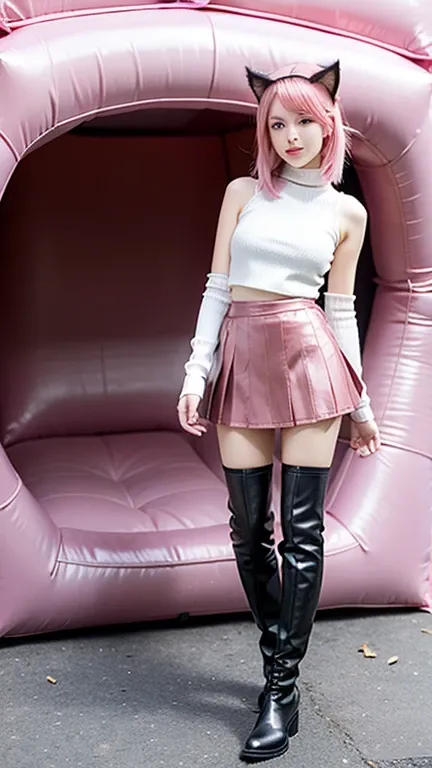 Teenager with pink hair, slim model, Leather BH, pink pleated Leather skirt, Leather arm warmers, knee-high Leather boots, cat ears, bouncy castle, realistic, standing, breasts not covered
