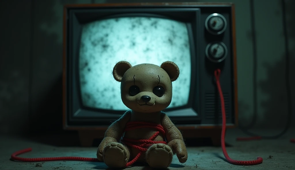 In a dark room、A 、 bear doll tied to a red string is looking at me 、 The TV screen is making noise in the background。