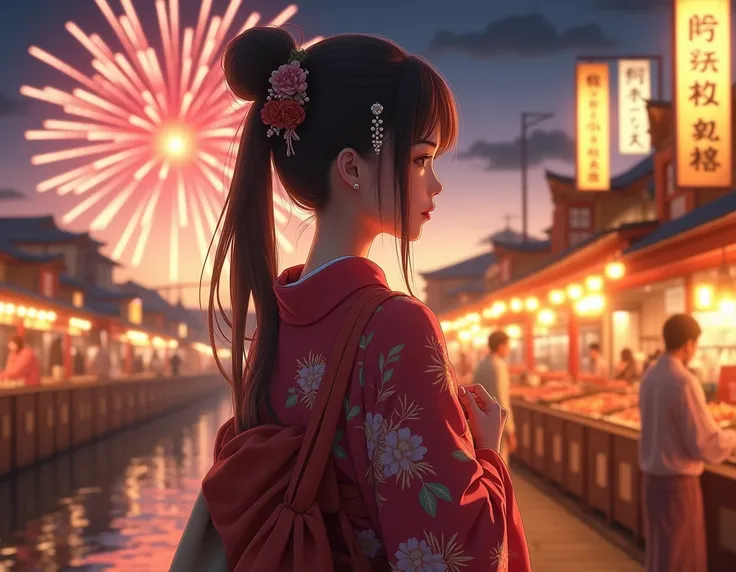 (((Masterpiece，Highest quality，Highest quality，8k，16k))，((Ultra-high resolution，Super detailed)))，Japanese，beautiful girl，glamorous，Golden Ratio Style，Yukata，Hair tying，hairpin，Drawstring bag，can，night，Outdoor，Summer festival，street vendors，Opening a store...