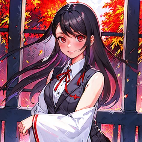 a(perfect eyes, masterpiece, best quality:1.2), 1girl, solo, red eyes, black hair, long hair, school uniform, gray skirt, (((sleeveless gray blazer))), white collar, white sleeves, neck red ribbon, hair pin,