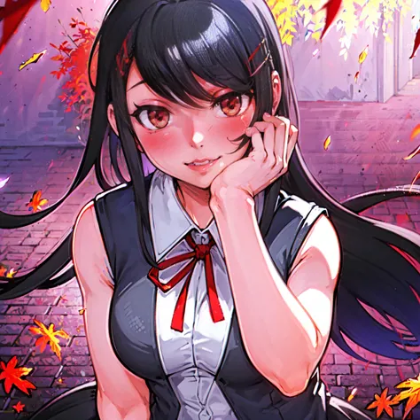 a(perfect eyes, masterpiece, best quality:1.2), 1girl, solo, red eyes, black hair, long hair, school uniform, gray skirt, (((sleeveless gray blazer))), white collar, white sleeves, neck red ribbon, hair pin,