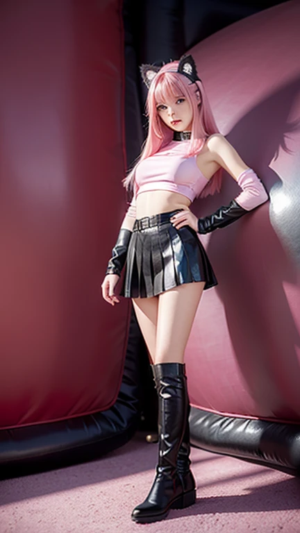 Teenager with pink hair, slim model, Leather BH, pink pleated Leather skirt, Leather arm warmers, knee-high Leather boots, cat ears, bouncy castle, realistic, standing, breasts not covered
