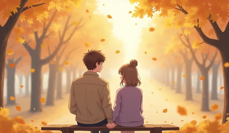  but a pastel-colored scene shows a couple sitting on a wooden bench in a park during autumn.  The golden leaves fall gently around ,  as the couple holds hands and shares a quiet smile . The Man,  with short brown hair and a beige jacket , Look affectiona...