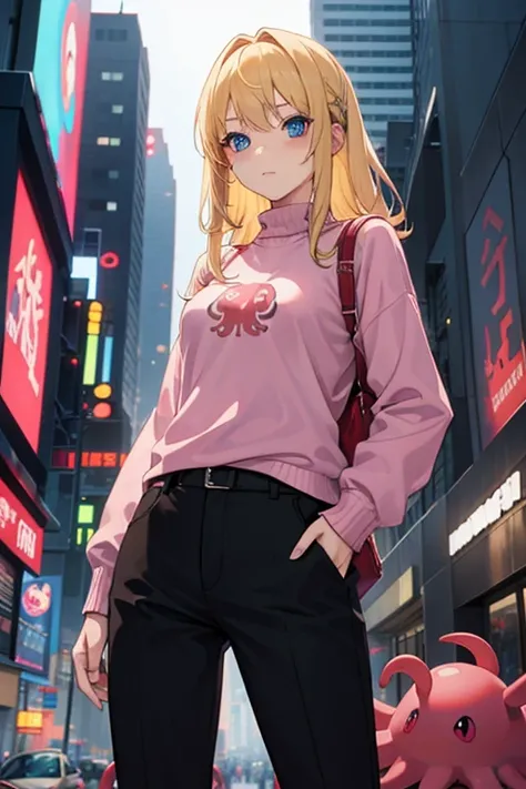 solo, 1girl, (masterpiece), (( appearance)), Blonde hair, Medium hair, blue eyes, anime girl,  Pink sweater with red octopus emblem, black pants, small breasts, cyberpunk city, nigth