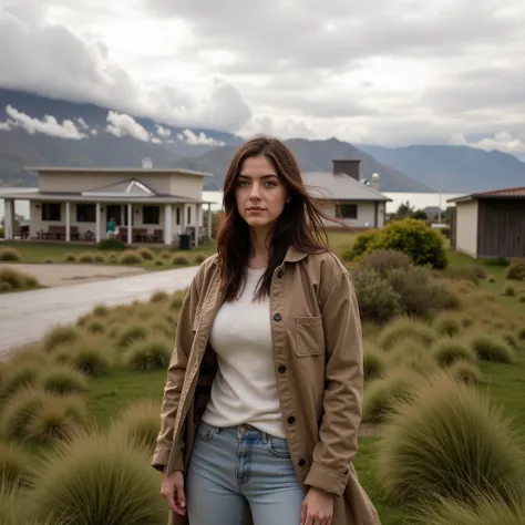 Isabella posing with random clothes in a cloudy and windy day in Puerto Varas southern Chile 