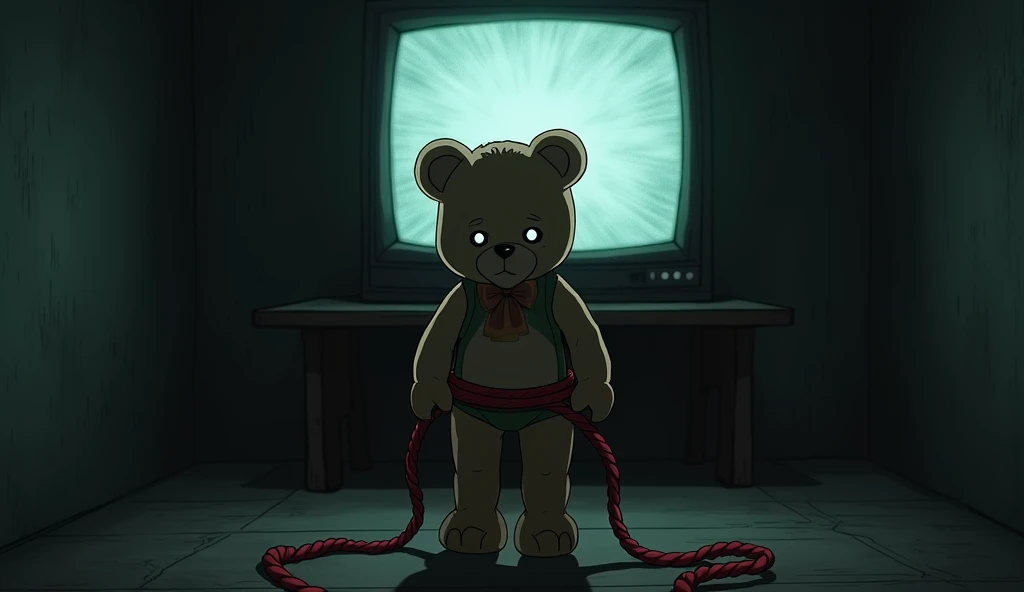 In a dark room、A 、 bear doll tied to a red string is looking at me 、 The TV screen is making noise in the background。Anime