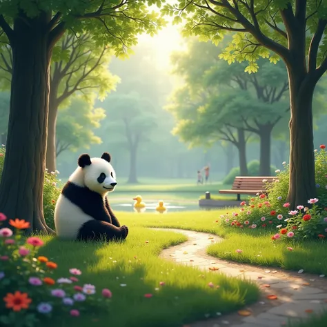 "A peaceful park scene in the morning, featuring a panda sitting on the right side of the frame. The panda is calmly seated on lush green grass, surrounded by colorful flowers and tall trees. A gentle sunlight filters through the branches, casting soft sha...