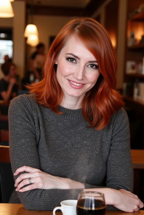 realistic photo of, 1girl, solo, kendrajames, red hair, styled hair, makeup, wearing a fitted sweater, sitting in a cafe having a coffee, looking at the viewer, smiling