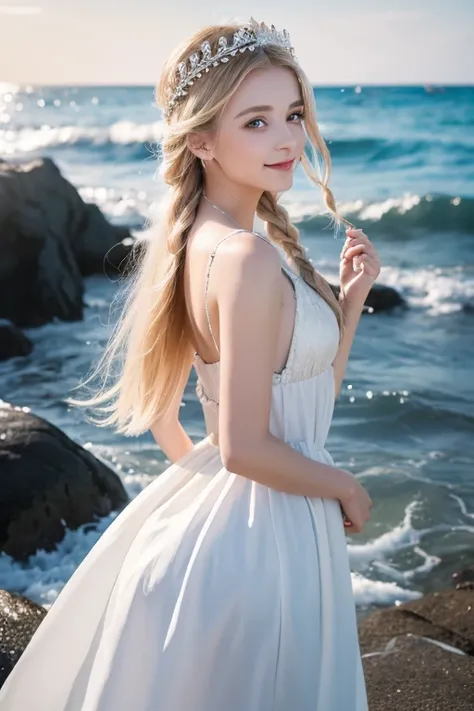 ,(( top quality ))),8k,((masterpiece)),( very refined and beautiful ), A girl emerges from the sea,  the swan princess in Russian mythology , Beautiful calm face,  blue eyes,  long blonde hair braided , Moon braid at the back of the head,  white old Russia...