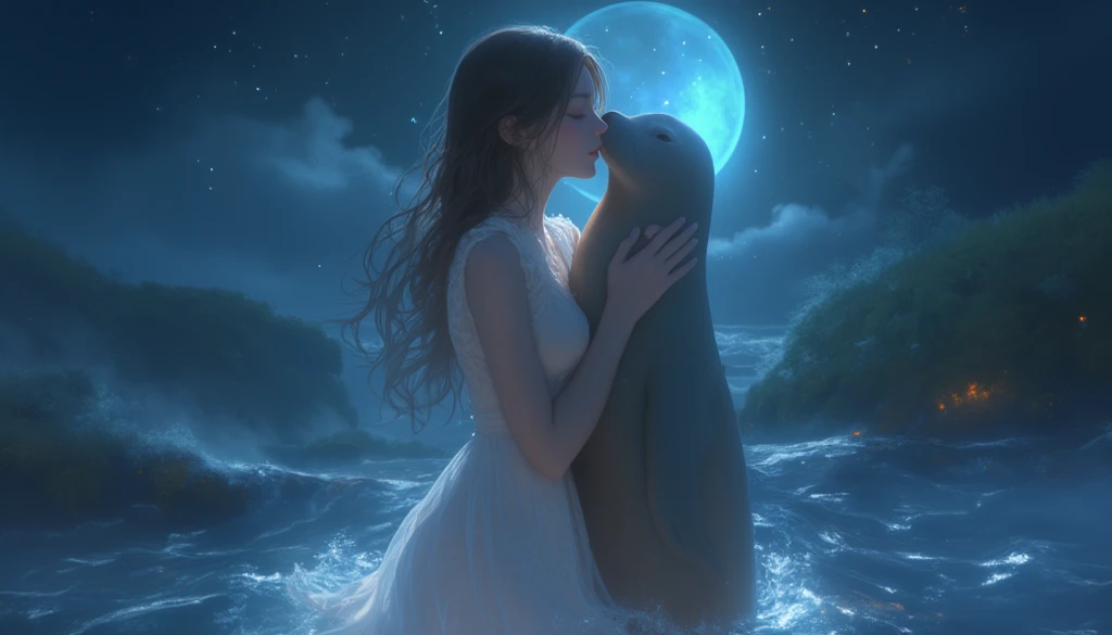 "A woman emerging from water, with a seal climbing up beside her to embrace her, symbolizing harmony and connection. The woman has long, flowing hair, wearing a simple, elegant dress that drapes gently around her body, creating a sense of ethereal beauty. ...