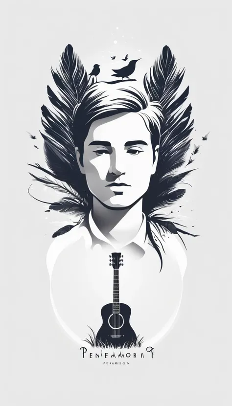 A minimal, modern, simple, cinematic logo design for the brand “Penamemoria". Create a modern, minimalistic, high-quality, logo of a white cinematic, fantasy front view of a creative boy´s face with a feather and an acoustic guitar and a fantasy, never see...