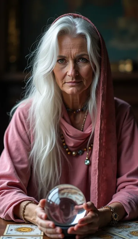 A cinematic photo of an middle age woman with wisdom and mystique reading Tarot cards, crystal ball kept on a table.she has long white hair , She looking to camera wear pink 
beautiful handcraft  clothes and deep red eyes . she wear handcraft scarf partial...