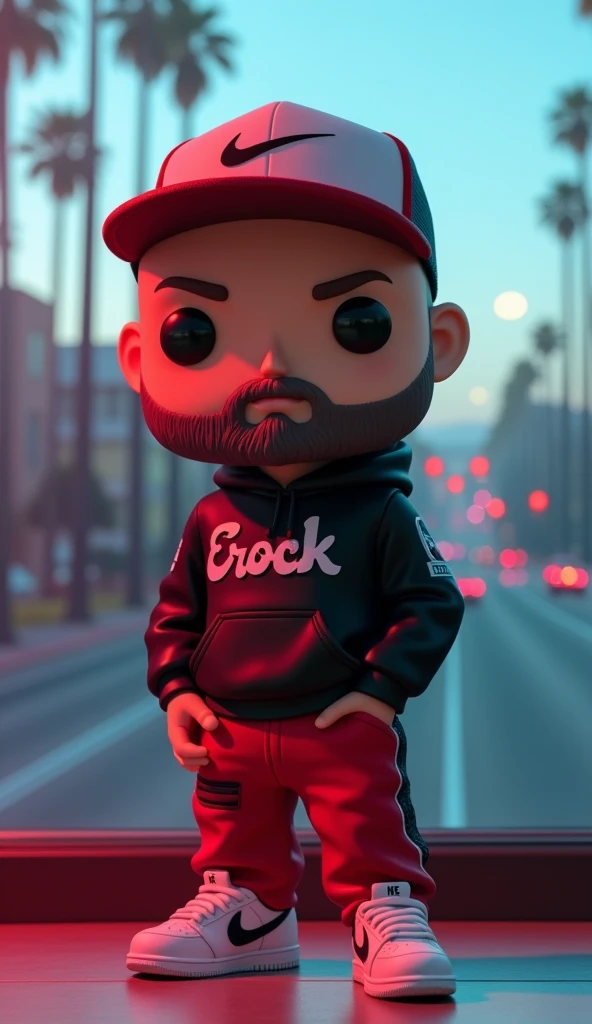 funko pop. weiss. Male. Bald. short full beard.    black hoodie with lettering Erock    .   The hat says    : “Nike    ".     Red sweatpants with black accents   .   white Nike sneaker   .     Funko pop box can be seen    .     Funko Pop is in a retrogame ...