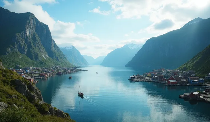 "A breathtaking sky view of a remote Nordic fjord, with steep cliffs descending into deep blue waters and small fishing villages nestled along the shore, under a partly cloudy sky, ultra-HD."

