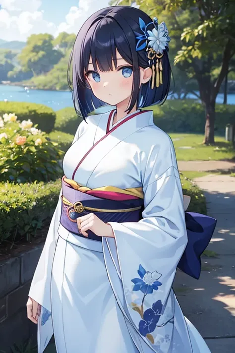  1 beautiful girl　Shows up to the waist　 dark blue bob hair　 blue eyes　Glare　white and blue sunny clothes 　Long-sleeved kimono　Hairpin