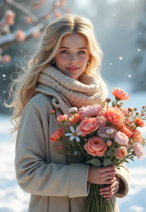 Woman with blond hair in winter clothes holding flowers 