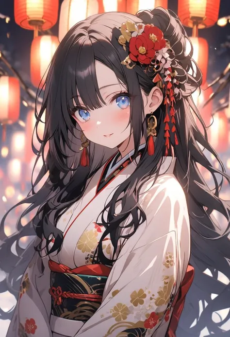 Alone, 1 girl,black hair,blue Eyes,long Hair, Long Sleeve, New Years, 