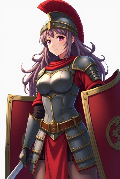 1  female Alone,  High resolution ,  looking at the viewer,  brava, Tall, athletic body, full hair, long coasts.  Full medieval armor with red details , two shields ,  a Roman-style helmet. Anime image.