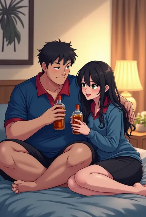  Two people sitting on the bed drinking a bottle of rum,  the chubby man in blue and red polo ,  the black-haired woman dressed in blue and black , celebrate their friendship ,  anime manga design style 