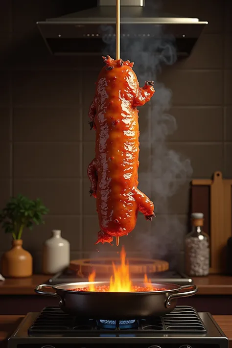 Create a picture of a roast pig skewering on the stove, in a beautiful atmosphere that is already edible.