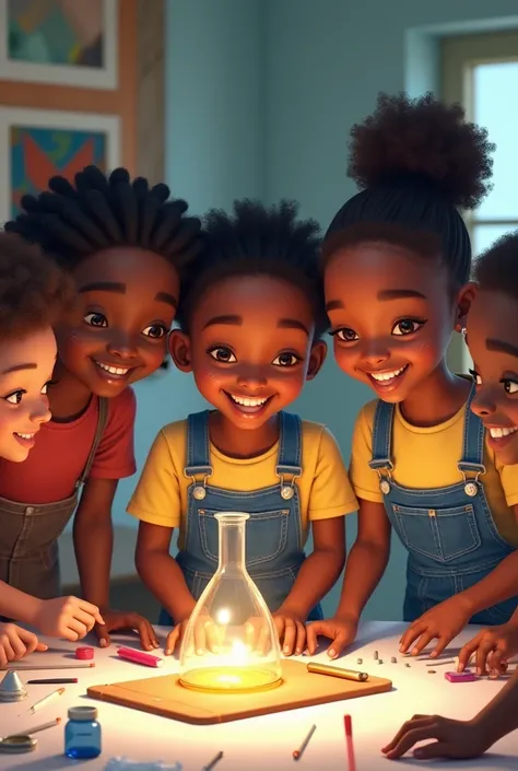 5 African ren of 3 boys and 2 girls all smiling as they work dressed in T-shirts and jeans wearing lab coats or aprons working on a STEM related project on a table in their art room