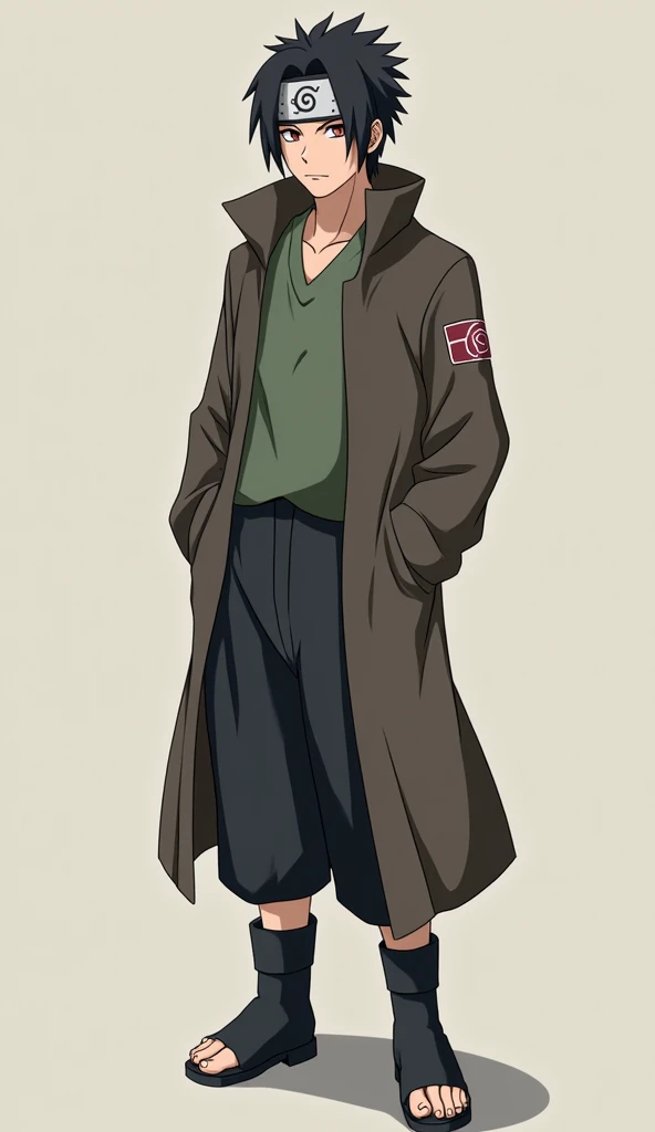 Adult man with black hair, чёлка costs вверх,  short hair,  brown eye ,  on the forehead, a bandage with a hidden leaf village protector, black boots, costs,  hands in pockets. Naruto anime art  