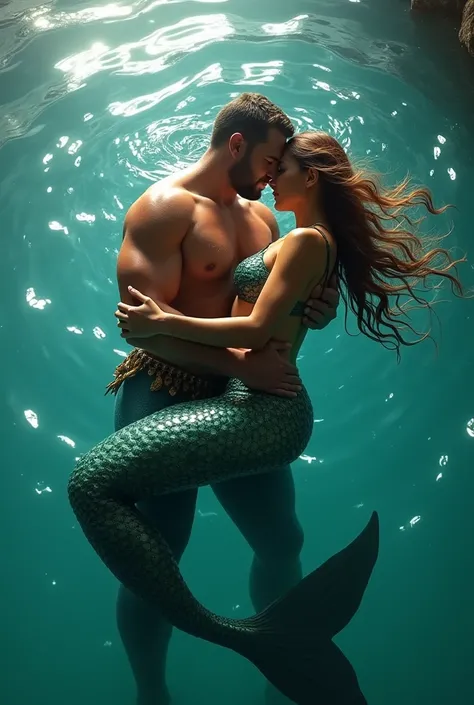 Aquaman and sexy perfect round ass mermaid lying passionately on huge water bed