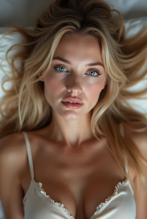 sexy young lady,Typical Caucasian race，orgasmic face,long Blonde hair，lewd Face, Big Breasts, lying down,lying flat,lying on bed,，Loose hair， Open eyes slightly, slightly open the mouth ,respite,skin,The peak of lust , infinite pleasure ,The character is i...