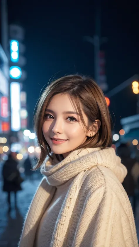 highest quality、genuine、Super detailed、finely、High resolution、8k wallpaper、one beautiful woman、light brown hair、sharp focus、perfect dynamic composition、beautiful and detailed eyes、thin short hair、Detailed genuine skin texture、smile、model body shape、at wint...