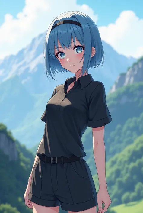 Beutiful girl and full body, white body and black Clothes , short clothes,smail, beutiful eyes, short hair blue colour,and background in Mountain and all pimpal and beutiful neutral background and not cartun and big background 