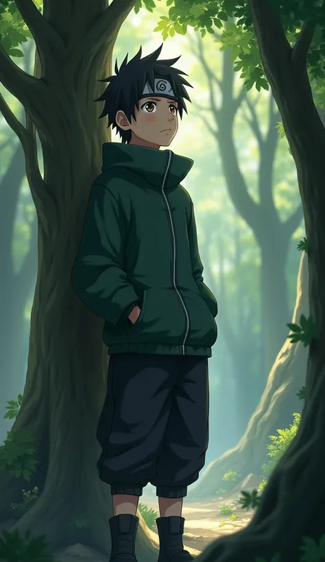 Adult man with black hair, the bangs are standing up ,  short hair,  brown eye ,  on the forehead, a bandage with a hidden leaf village protector, black boots, He stands clutching on a tree and looking up,  hands in pockets. Naruto anime art  