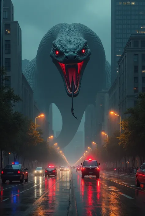 Scene:  Emergence of the Snake Monster

Preliminary Setting
Busy metropolis at night ,  filled with skyscrapers and streets crowded with vehicles .  The sky was dark ,  accompanied by thick clouds and lightning snatching in the distance .  The rain began t...