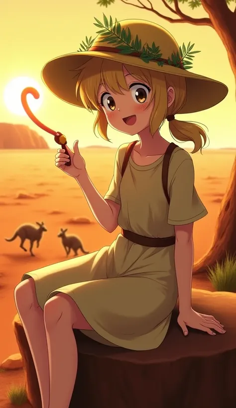 Australia
Prompt: A cheerful and spirited Studio Ghibli girl representing Australia, wearing a loose khaki dress and a wide-brimmed hat tangled with glowing eucalyptus leaves. Her sandy-blonde hair is tied into a messy ponytail, and her face is freckled fr...