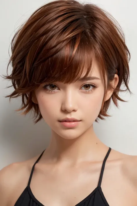 Ultra-short pixie cut, messy hair, twisted bangs, copper hair streaked hair, :d, face up, resort