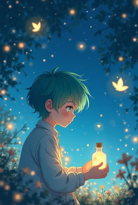  Full body anime boy ,
 These are the elements ,magical world, little bottle , starry sky ,van gogh, boys turquoise hair, butterflies,admire . in stylo glass soul 