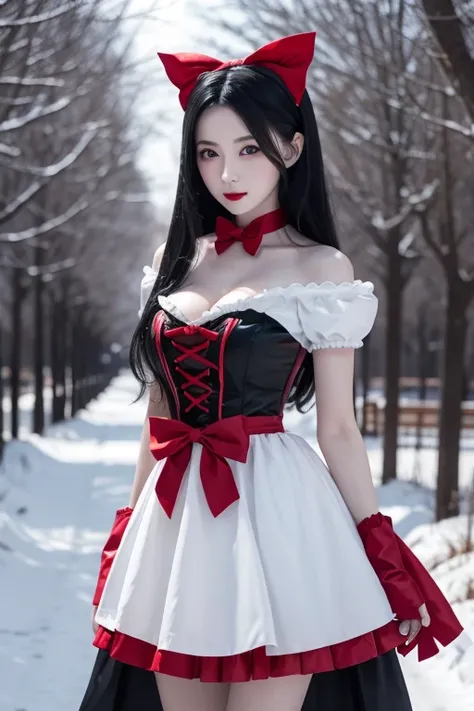 Araffe dressed as a snow white with a red bow and a red bow, Beautiful Vampire Queen , realistic  cosplay,  Marceline , anime girl  cosplay, 4K HD snow white hair, Beautiful Vampire Queen , snow white as a d &d Fighter, snow white, anime  cosplay,  cosplay...