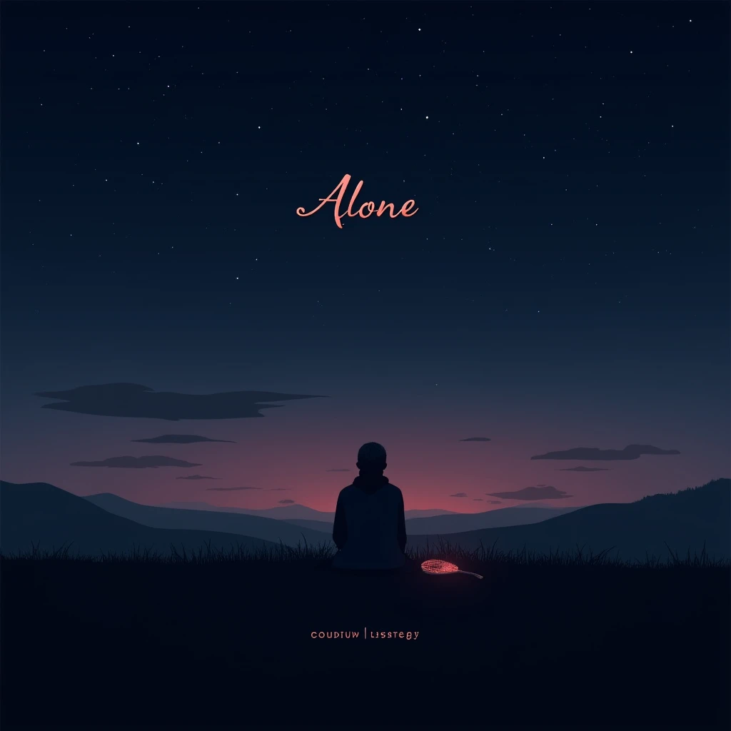 A serene and melancholic twilight sky transitioning from deep blue to purple and black, speckled with glowing stars. In the foreground, a lone figure sits on a grassy hill, their back turned, gazing at the expansive sky. Beside the figure rests a dulcimer,...