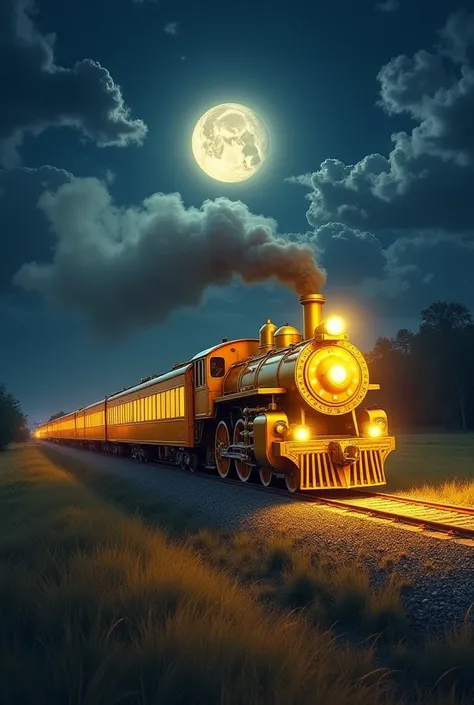 One evening, just as the moon rose high in the sky, Leo spotted something extraordinary. A shimmering, golden train chugged down from the clouds and stopped right outside his window. The trains engine glowed like the sun, and its whistle sounded like the s...